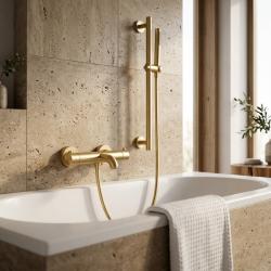 Aquanello Eterna Termostatisk badrumskran för ytmontering i PVD-guld med stavhanddusch och duschstång ET-B-SET1-3-60